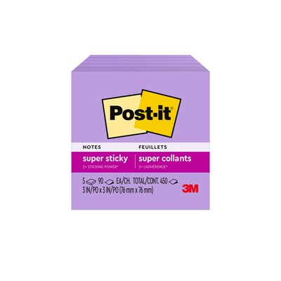 Post-it Super Sticky Notes, 3" x 3", Mulberry, 90 Sheet/Pad, 5 Pads/Pack (654-5SSCG)