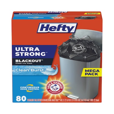 Hefty® Ultra Strong BlackOut Tall-Kitchen Drawstring Bags, 13 gal, 0.9 mil, 23.75 x 24.88, Black,