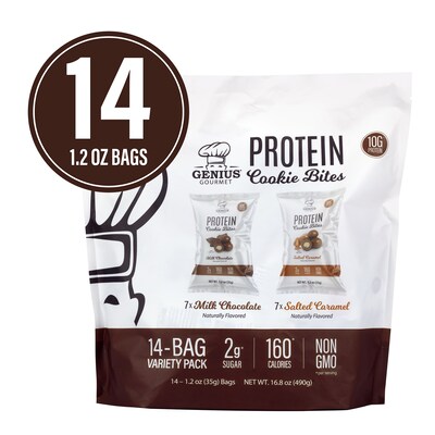 Genius Gourmet Protein Cookie Bites Gluten Free Assorted Brownie Bar Variety Pack, 1.2 oz., 14/Pack