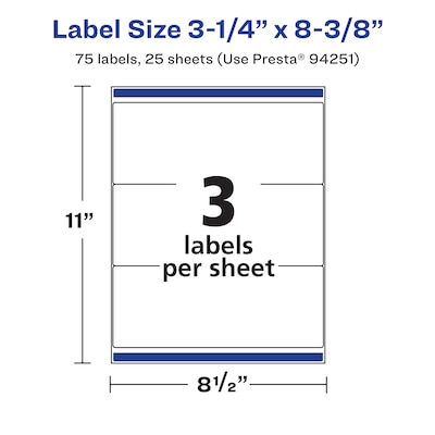 Avery Laser/Inkjet Rectangle Waterproof Multipurpose Labels, 8.375"  x 3.25", White, 75/Pack (94251)