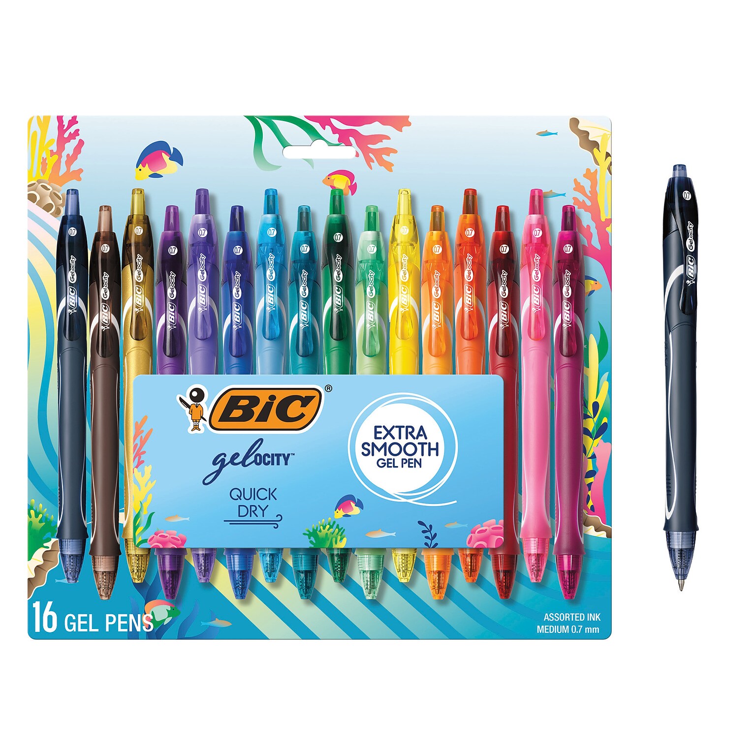 BIC Gel-ocity Quick Dry Retractable Gel Pens, Medium Point, 0.7mm, Assorted Inks, 16/Pack (RGLCGA16-AST)