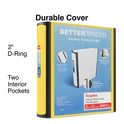 Staples® Better 2 3 Ring View Binder with D-Rings, Yellow (20248)