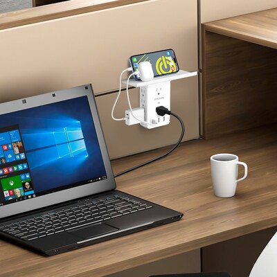 Overtime Wall Outlet Shelf, 8 Outlets and 3 USB Ports, Surge Protector, White (OTWP8O3USB)