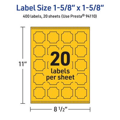 Avery Square Scalloped Laser/Inkjet Multipurpose Labels, 1-5/8" x 1-5/8", Bright Yellow (400/Pack)
