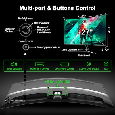 Sansui G-Series 27" Curved FHD 200Hz AMD Free-Sync VA Gaming Monitor, Tilt Adjustable, Built-In Speakers, Black (ES-G27C1)