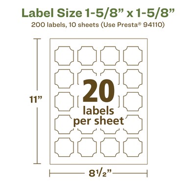Avery EcoFriendly Laser/Inkjet Decorative Edge Multipurpose Labels, 1-5/8" x 1-5/8", White, 200/Pack (94110)