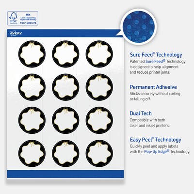 Avery Round Laser/Inkjet Multipurpose Labels, 2", White, 120/Pack (19479370861)