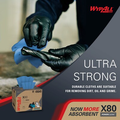 WypAll PowerClean X80 Fabric Cleaning Wipers, 16.8" x 12.5", Blue, 152 Wipers/Box (41041)