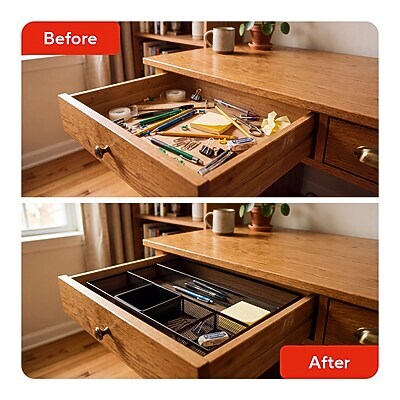 TRU RED Mesh Drawer Organizer, 6-Compartment, Matte Black – Desk & Drawer Storage for Office Supplies