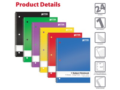 Better Office 1-Subject Notebooks, 8" x 10.5", College Ruled, 70 Sheets, 24/Pack (25724-24PK)