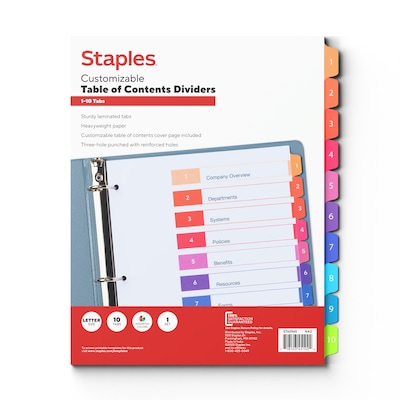 Staples Numeric Table of Contents Dividers, 1–10 Tabs, Multicolor (ST63703ST62965)
