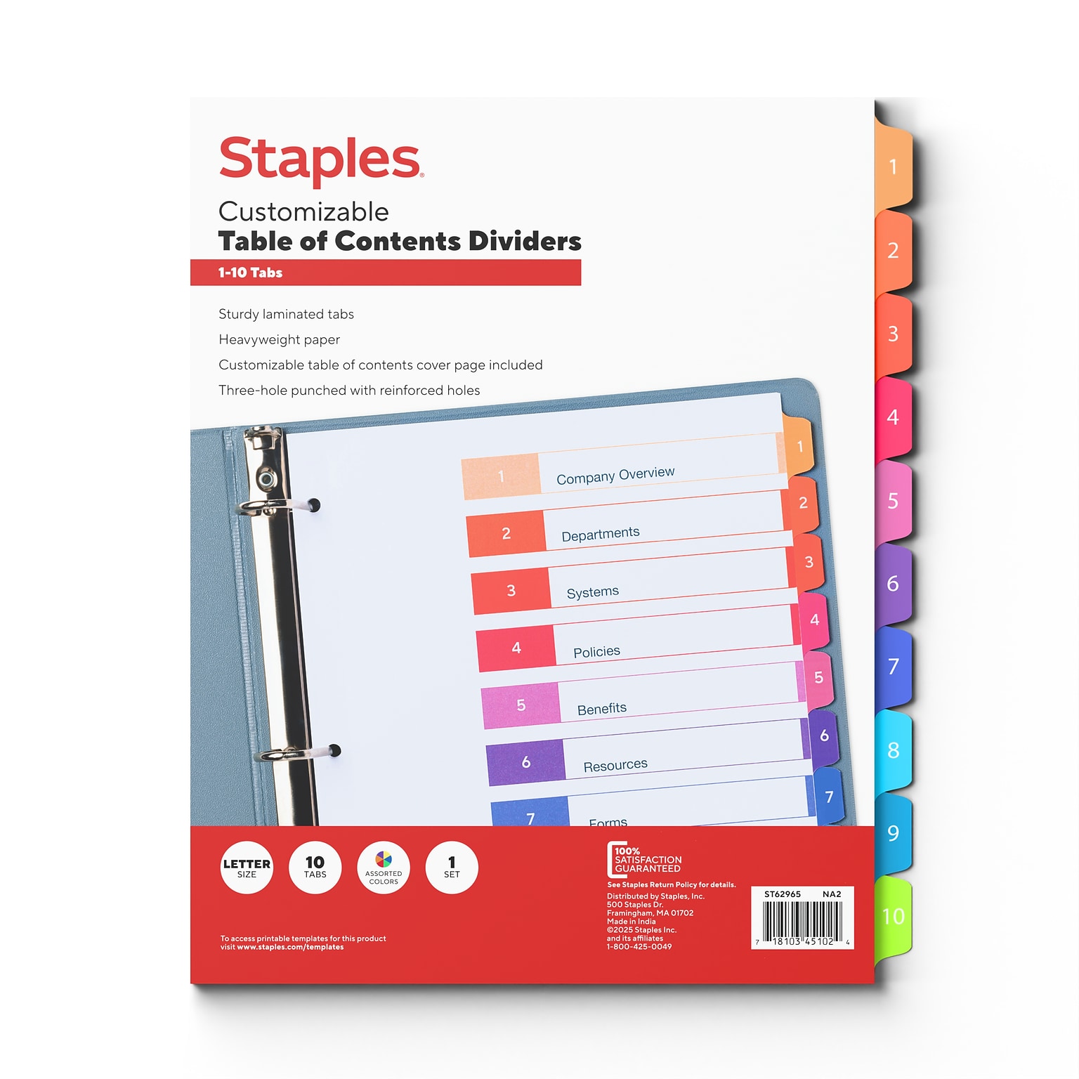 Staples Numeric Table of Contents Dividers, 1–10 Tabs, Multicolor (ST63703ST62965)
