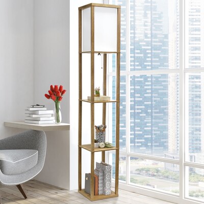 Simple Designs 62.5" Modern 3 Tier Standing Floor Lamp Etagere Organizer Storage Shelf with Linen Shade (LF1038-WOD)