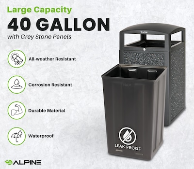 Alpine Industries Steel Outdoor Trash Can with Dome Lid and Ashtray, 40 Gallon, Gray Stone (472-40-GRYS)