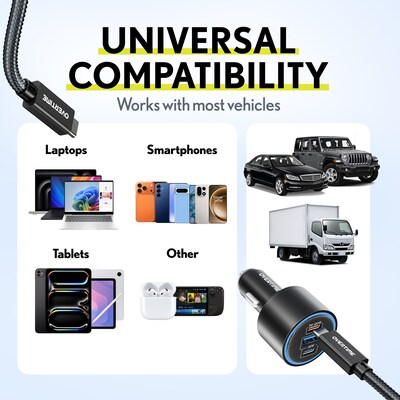 Overtime A60/C82 130W 3-Port Car Charger and 6 ft. 100W USB-C to USB-C Charging Cable Bundle, Black (OCA60BKBD1)