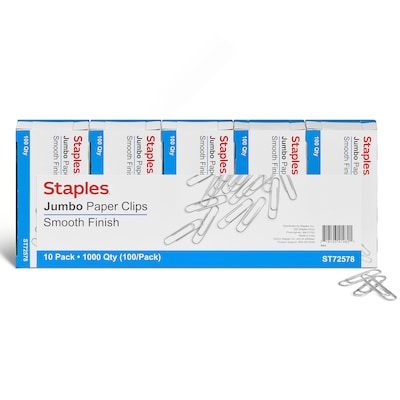 Staples Smooth Paper Clips, Jumbo, Silver, 100/Box, 10 Boxes/Pack (A7026605/72578)