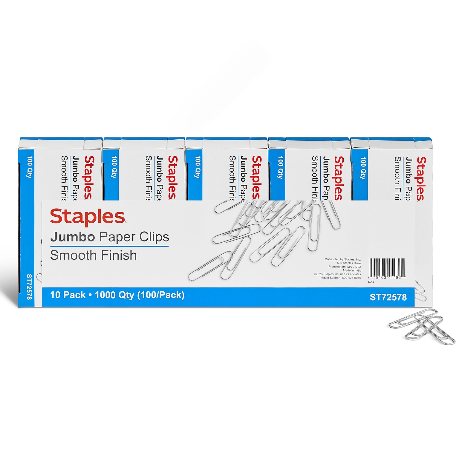 Staples Smooth Paper Clips, Jumbo, Silver, 100/Box, 10 Boxes/Pack (A7026605/72578)