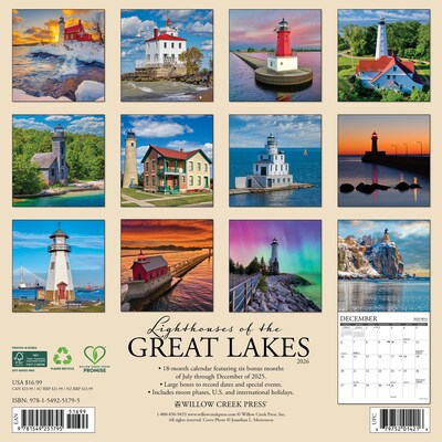 2026 Willow Creek Lighthouses of the Great Lakes 12 x 12 Monthly Wall Calendar (51795)
