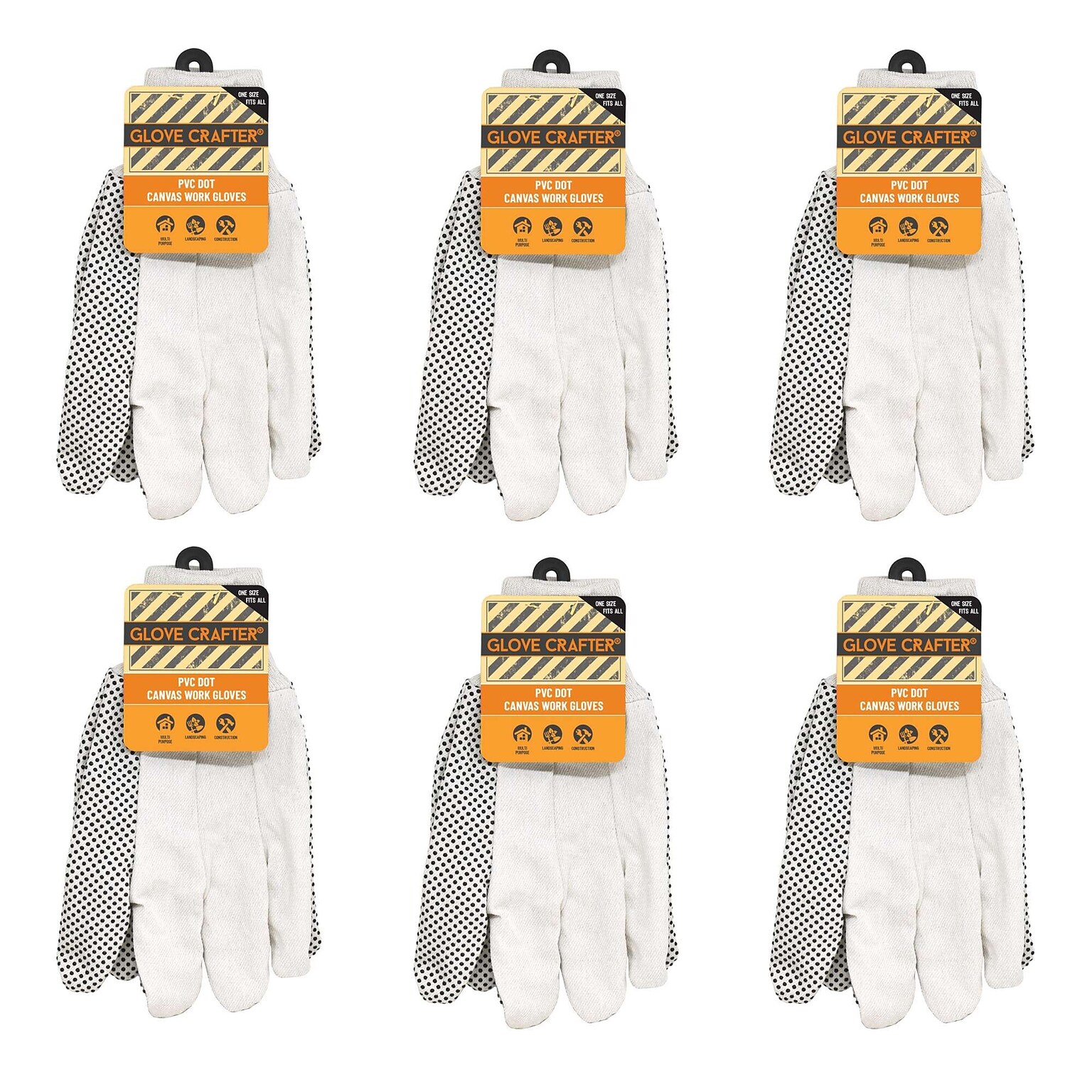 Glove Crafter Mens Canvas with PVC Dots Work Gloves, One Size, Off White, 6/Pack, 12 Packs/Carton (13062)