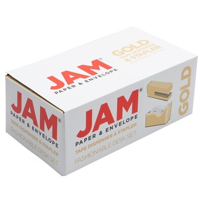 JAM Paper® Office & Desk Sets, 1 Stapler & 1 Tape Dispenser, Gold, 2/Pack (3378go)