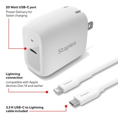 Staples TECH USB-C Wall Charger with Cable, 20W, White (ST62321)