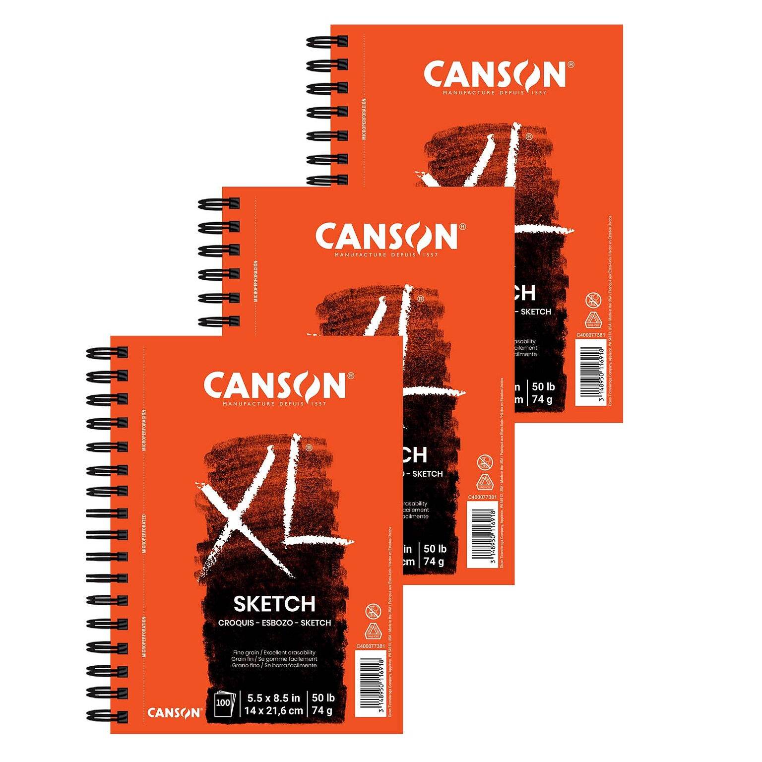 Canson XL Series 5.5 x 8.5 Wire Bound Sketch Pad, 100 Sheets/Pad, 3/Bundle (MCXC40007738106-3)