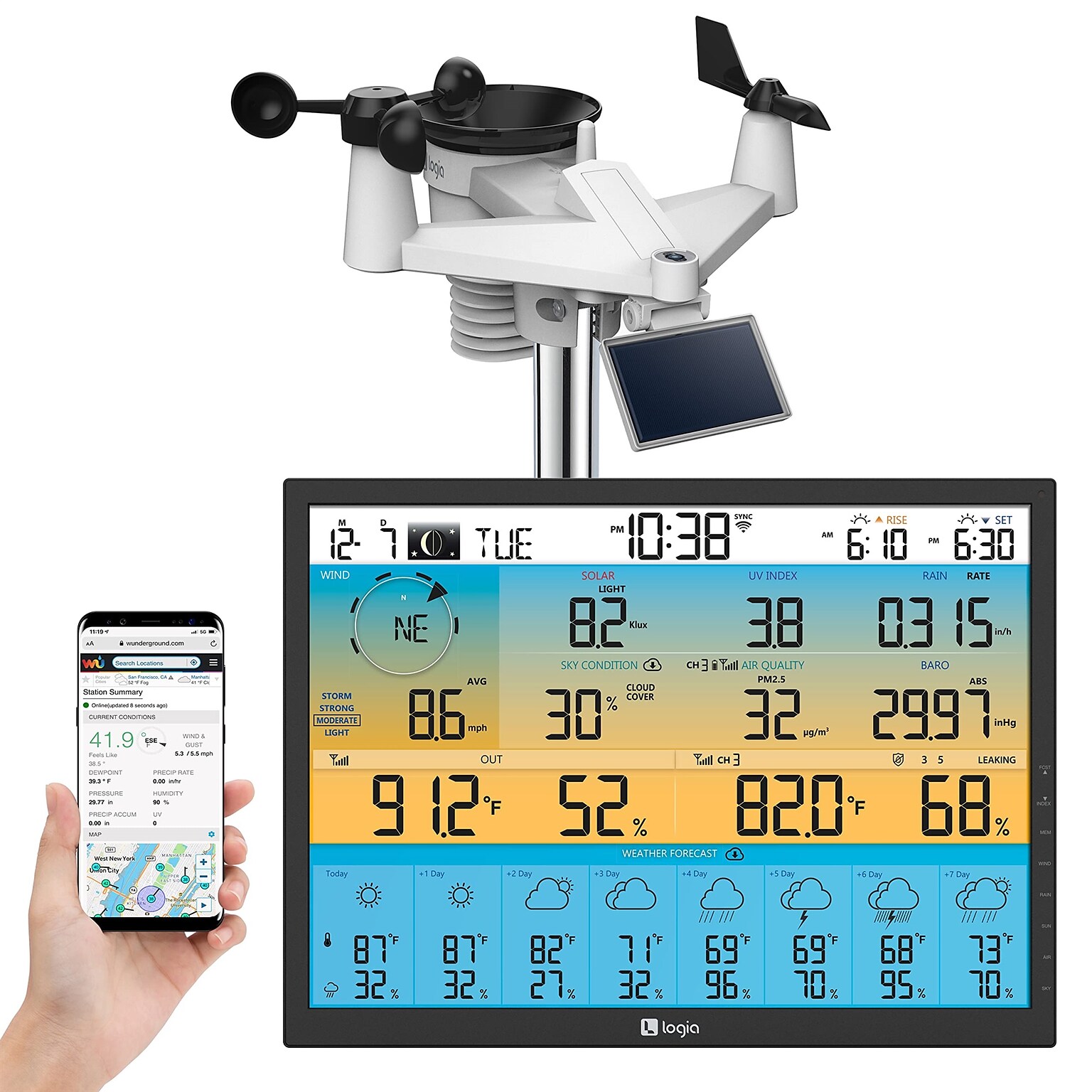 Logia 7-in-1 Wireless Weather Station w/ 8-Day Forecast, Wi-Fi, Solar Cell & 19 LED Display (LOWSC717FWB19)