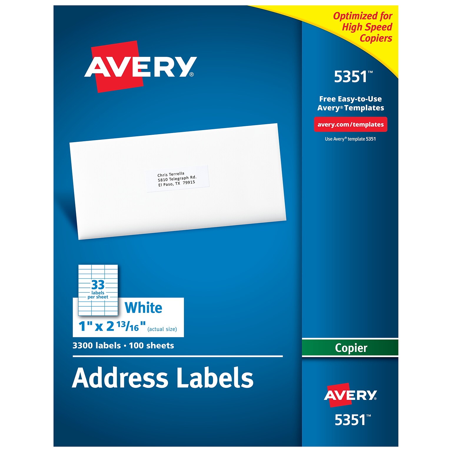 Avery Copier Address Labels, 1 x 2-13/16, White, 3300 Labels/Box (5351)