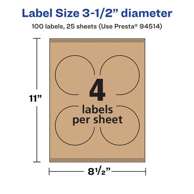 Avery Laser/Inkjet Multipurpose Circle Labels, 3.5" Dia, Kraft Brown, 100/Pack (94514)