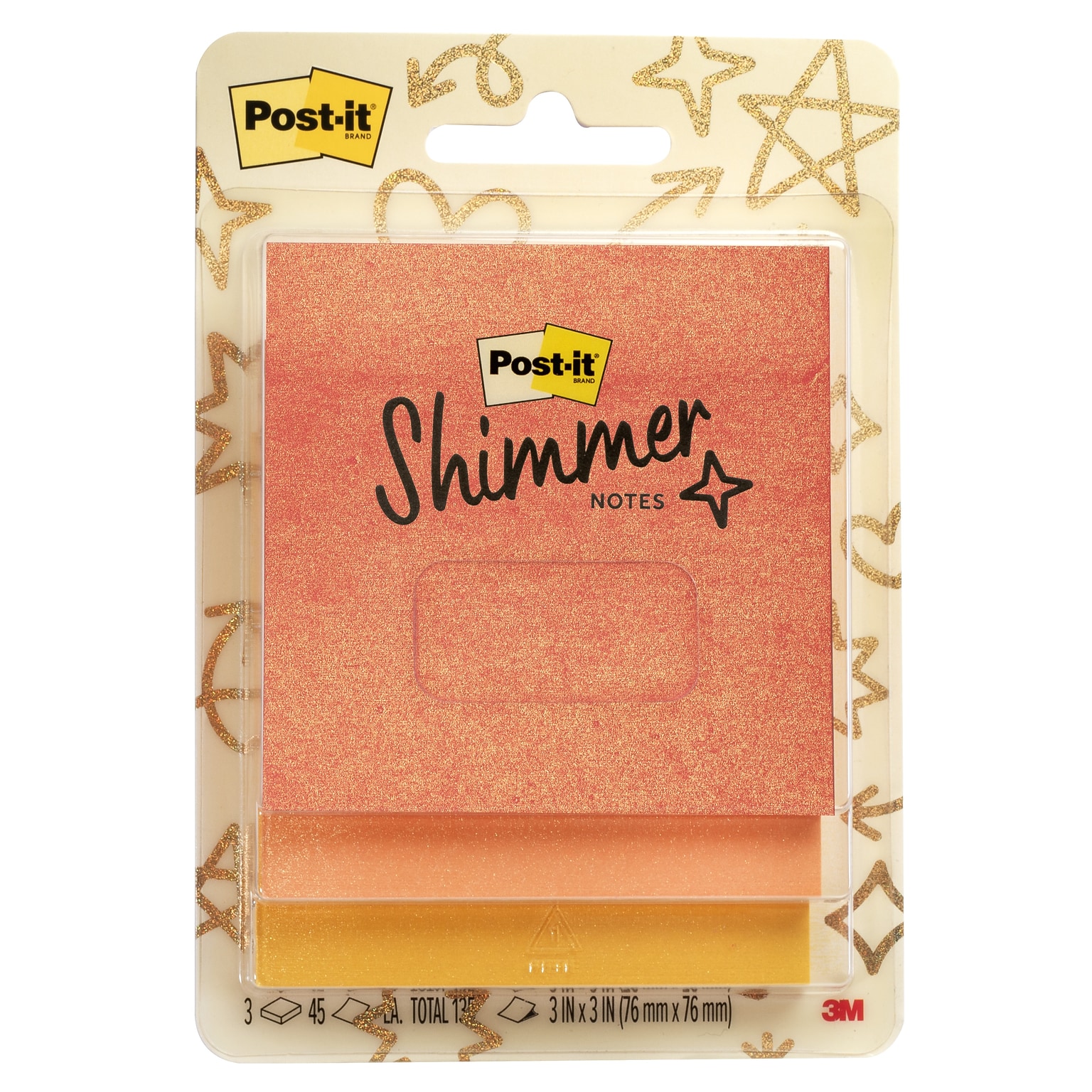Post-it Shimmer Sticky Notes, 3 x 3, Warm Collection, 45 Sheets/Pad, 3 Pads/Pack (SENS-SN33-WM)