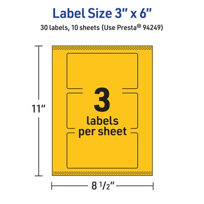 Avery Laser/Inkjet Rectangle Multipurpose Labels, 3" x 6", Bright Yellow, 30/Pack (94249)