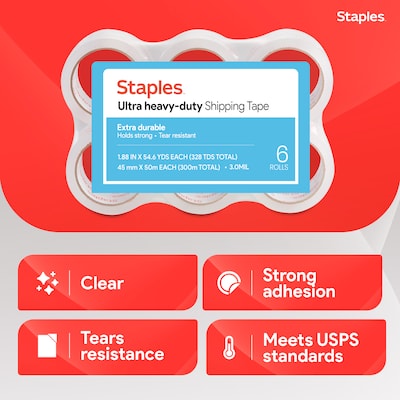 Staples Ultra Heavy Duty Shipping Packing Tape, 1.88" x 54.6 Yds, Clear, 6 Rolls/Pack (52196)