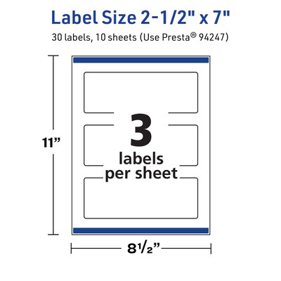 Avery TrueBlock Laser/Inkjet Rectangle Multipurpose Labels, 2.5" x 7", White, 30/Pack (94247)