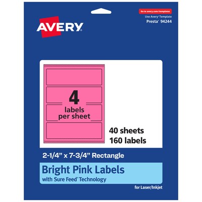 Avery Rectangle Laser/Inkjet Multipurpose Labels, 2.25 x 7.75, Bright Pink (160/Box)