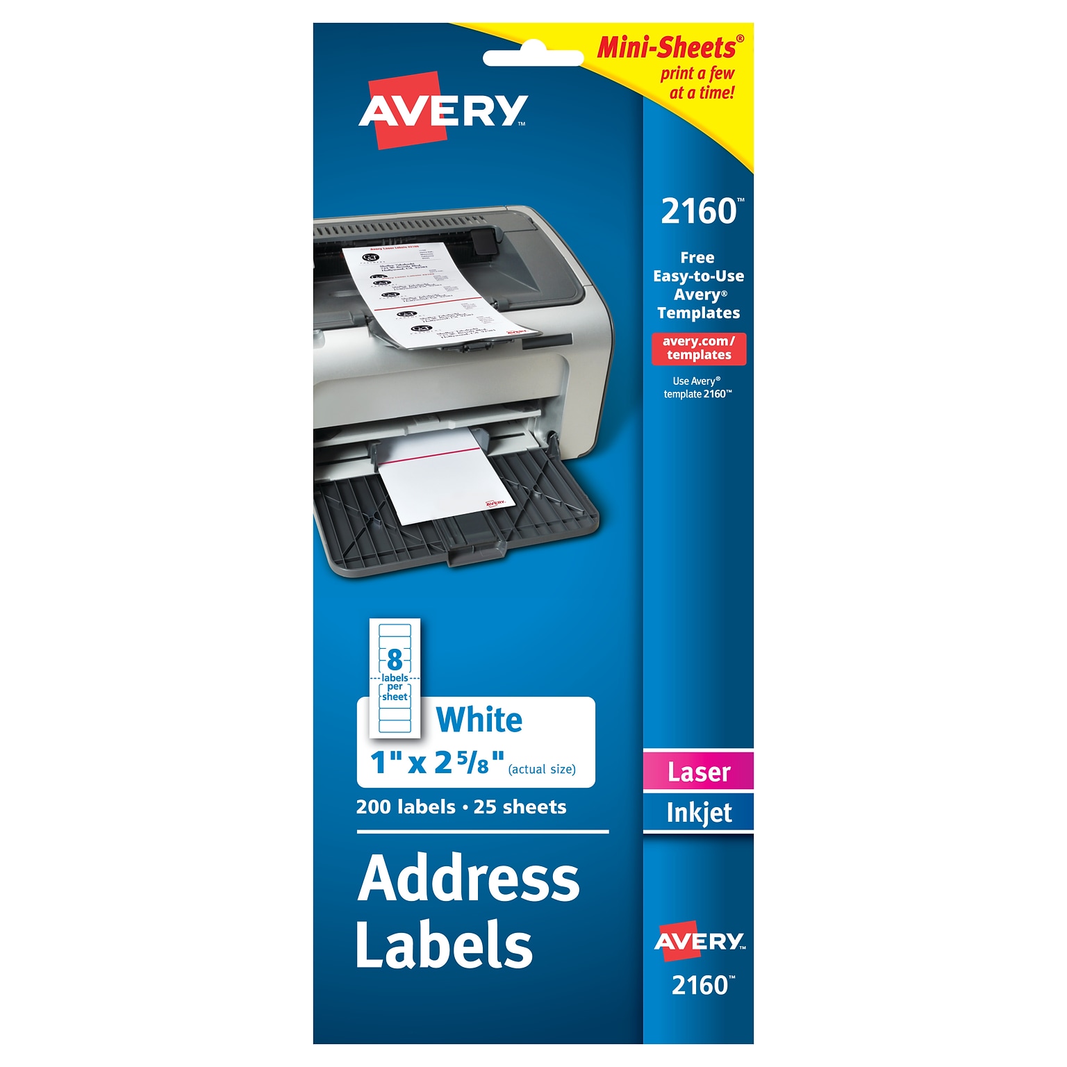 Avery Mini-Sheets Laser/Inkjet Address Labels, 1 x 2-5/8, White, 8 Labels/Sheet, 25 Sheets/Pack (2160)