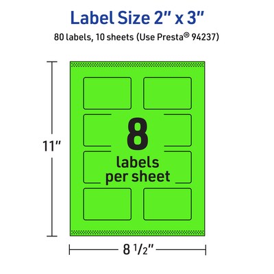 Avery Laser/Inkjet Multipurpose Rectangle Labels, 2" x 3", Neon Green, 80/Pack (94237)