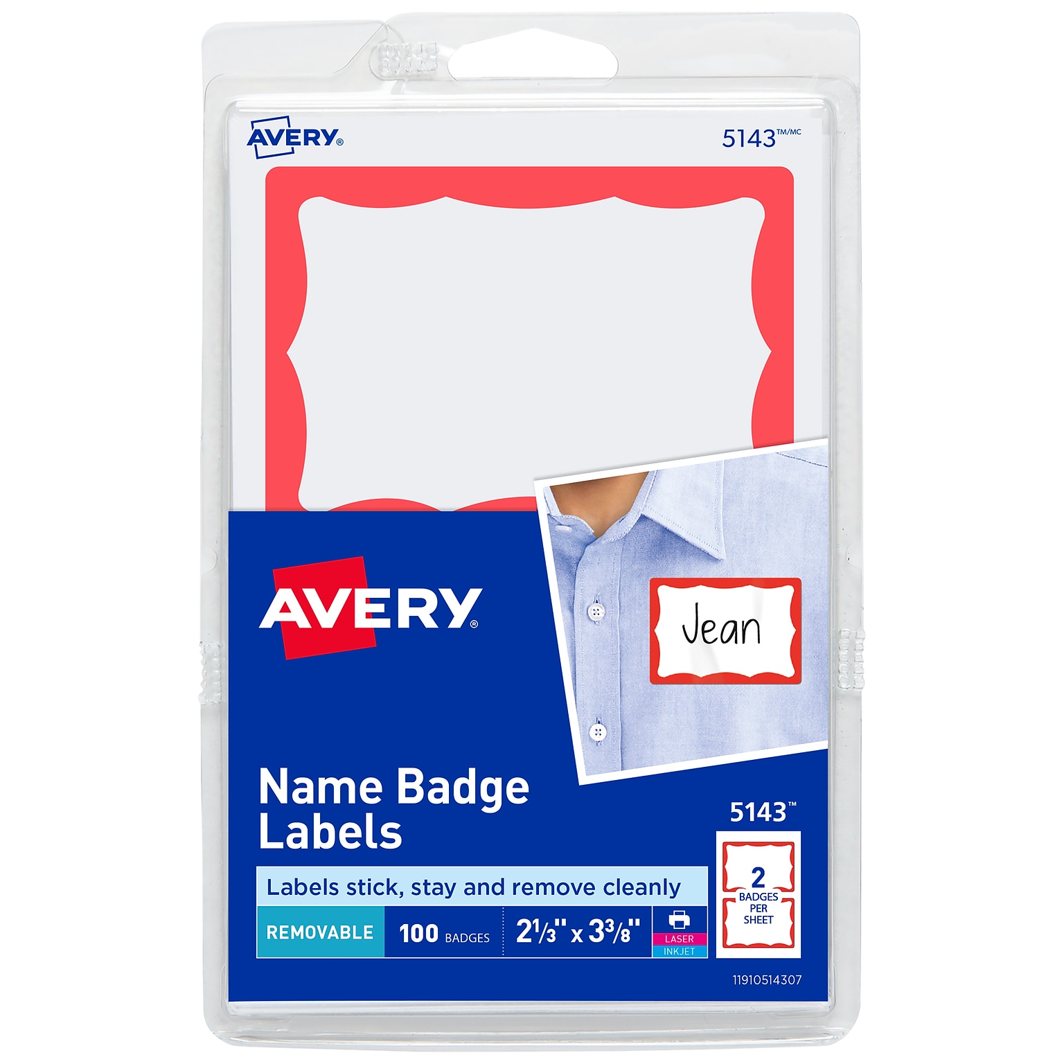 Avery Adhesive Laser/Inkjet Name Badge Labels, 2 1/3 x 3 3/8, White with Red Border, 100 Labels Per Pack (5143)