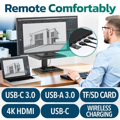 Purely S502 Ergonomic Adjustable Monitor Riser & Laptop Docking Station with Wireless Charging, Black (PMS502DS)