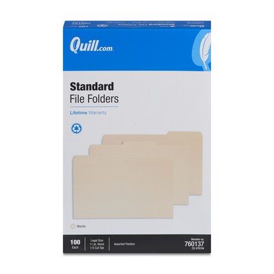 Quill Brand® File Folders, Assorted Tabs, 1/3-Cut , Legal Size, Manila, 100/Box (760137)