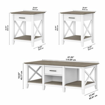 Bush Furniture Key West 47" x 24" Coffee Table with 2 End Tables, Shiplap Gray/Pure White (KWS023G2W)