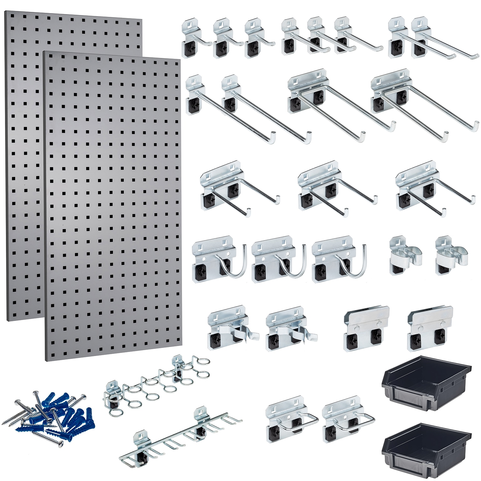 Triton Products LocBoard Pegboards with 30 pc. LocHook Assortment and Hanging Bin System (LB18-GKit)