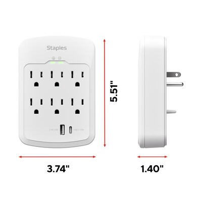 Staples TECH 6-Outlet 2-USB Port Surge Protector, 1800 Joules, White (ST62764)