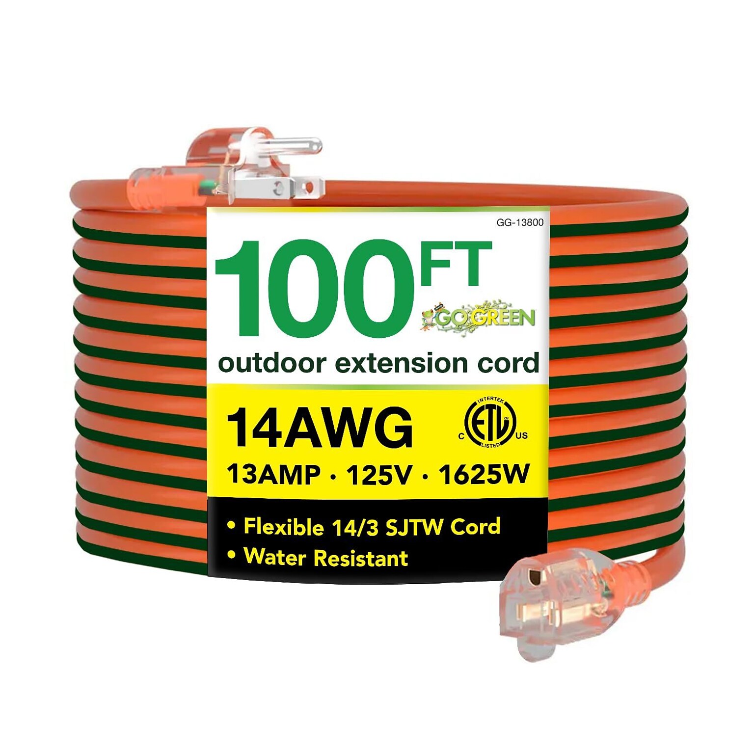 GoGreen Power 100 Indoor/Outdoor Extension Cord, 14 AWG, Orange (GG-13800)