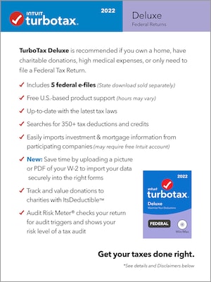 TurboTax Deluxe 2022 Federal for 1 User, Windows/Mac, CD/DVD or Download (5101356)