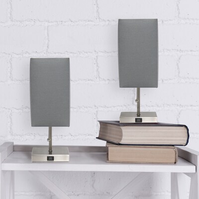 Simple Designs Petite Stick Lamp with USB Charging Port and Fabric Shade, Gray, 2/Pack (LC2003-GRY-2PK)