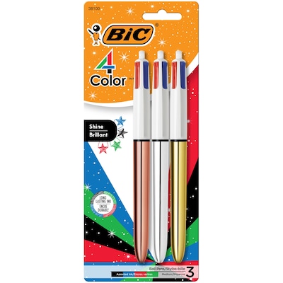BIC 4-Color Shine Retractable Ballpoint Pen, Medium Point, Assorted Ink, 3/Pack (MMMTP31-AST)