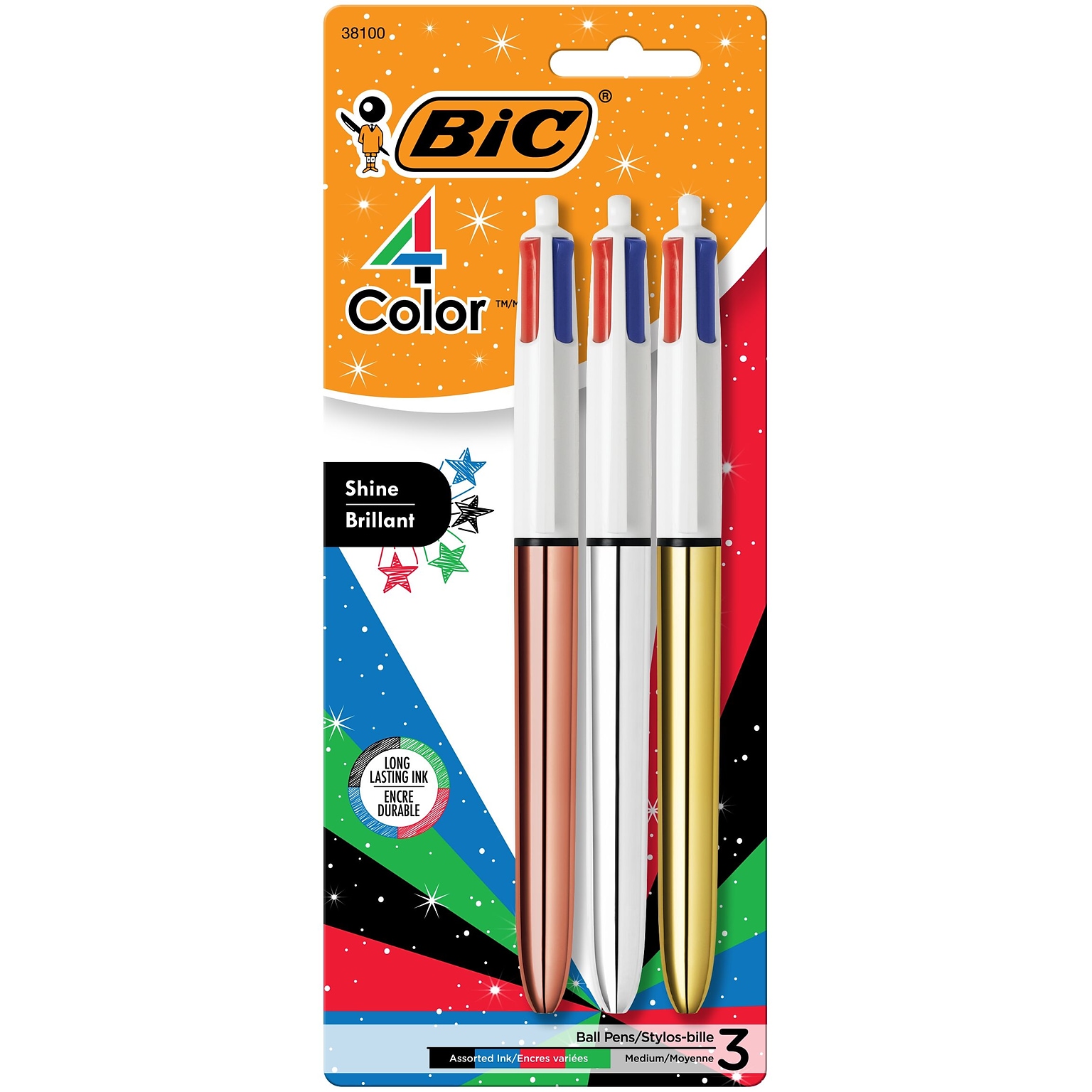 BIC 4-Color Shine Retractable Ballpoint Pen, Medium Point, Assorted Ink, 3/Pack (MMMTP31-AST)