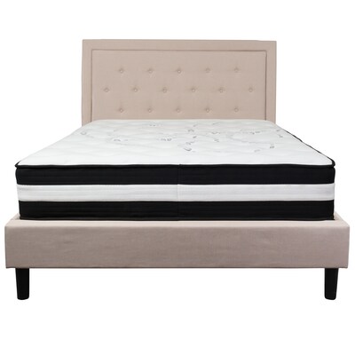 Flash Furniture Roxbury Tufted Upholstered Platform Bed in Beige Fabric with Pocket Spring Mattress, Queen (SLBM19)