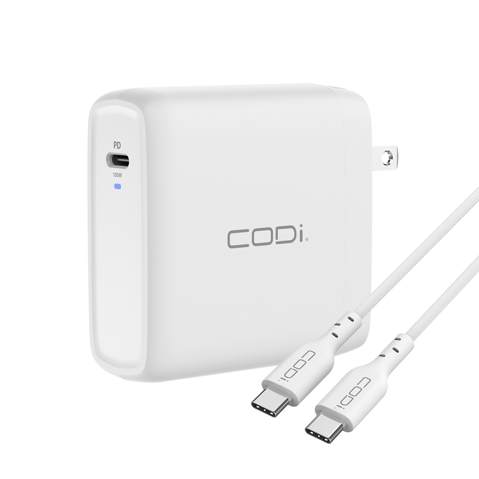 CODi 100W Wall USB-C Charger with USB2.0 EPR Braided Cable, White (A01118)