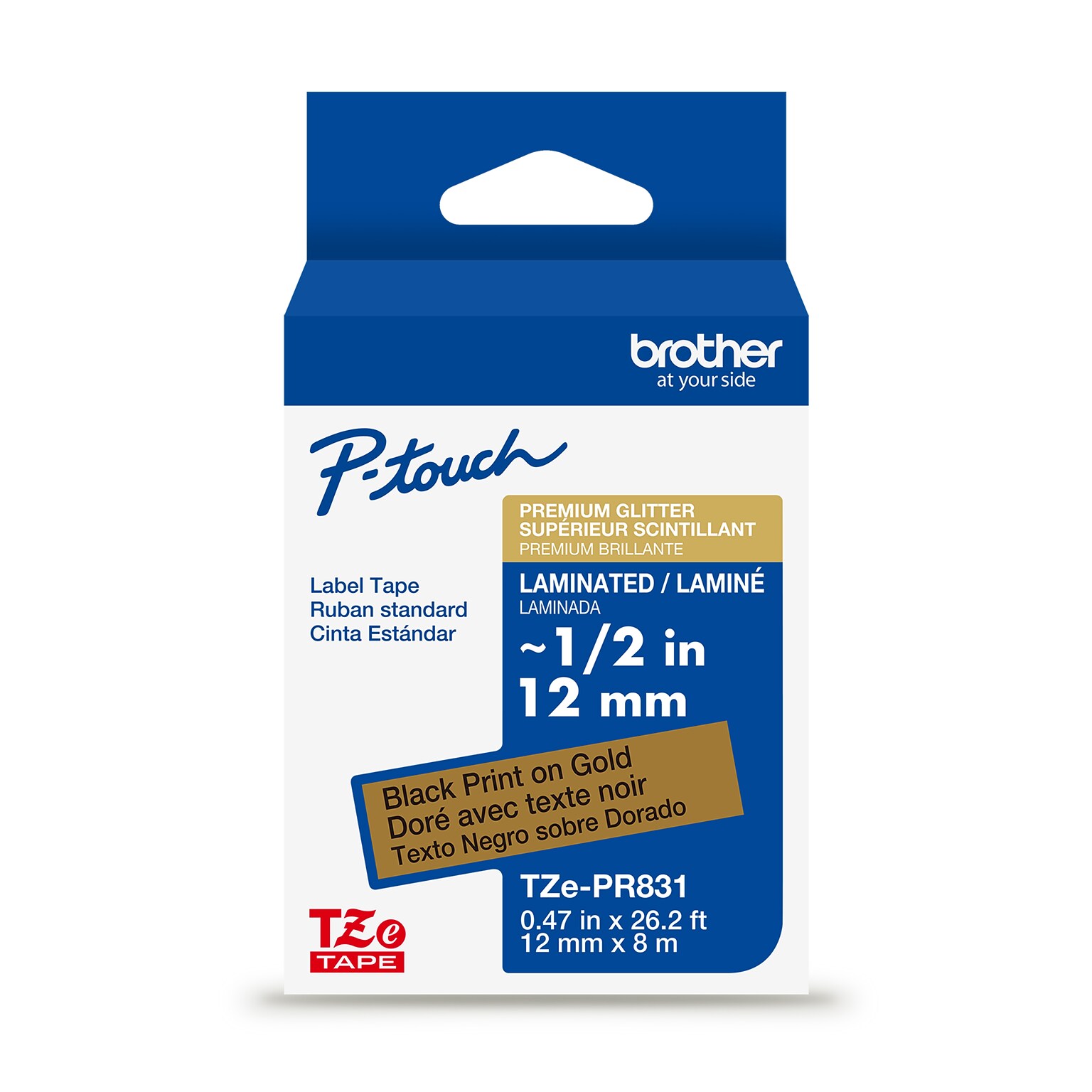 Brother P-touch Premium Glitter Laminated Label Tape, 3/4 x 26.2, Black on Gold (TZePR831)